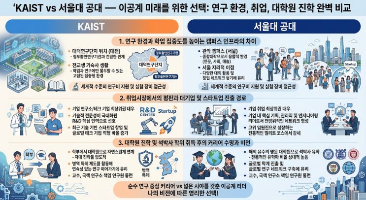 KAIST vs 서울대 공대 — 국내 최고 이공계 두 학교, 연구 환경·취업·대학원 진학에서 어느 쪽이 유리한가?