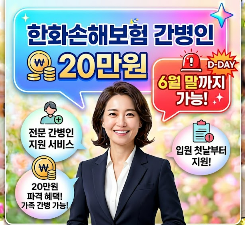한화 손해보험 원수사 간병인 보험 20만원 가입 가능 가족 간병 가능 7월은 특정 연령만 가능!