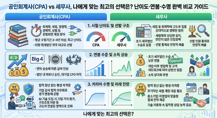  공인회계사(CPA) vs 세무사, 나에게 맞는 최고의 선택은? 난이도·연봉·수명 완벽 비교 가이드