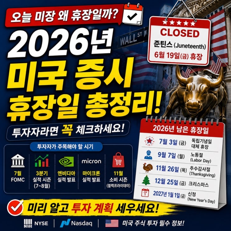 오늘 <b>미국 증시</b> 왜 <b>휴장일</b>까? 2026년 남은 미장 <b>휴장일</b> 총정리