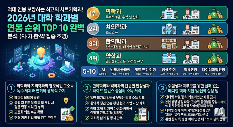  억대 연봉 보장하는 최고의 치트키학과! 2026년 대학 학과별 연봉 순위 TOP 10 완벽 분석 (의·치·한·약 집중 조명)