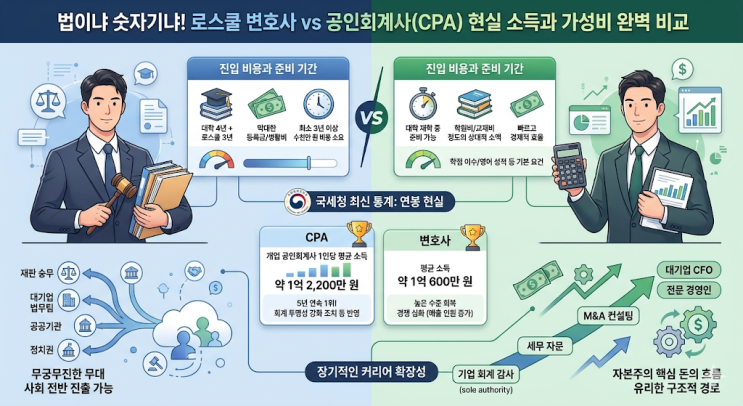  법이냐 숫자기냐! 로스쿨 변호사 vs 공인회계사(CPA) 현실 소득과 가성비 완벽 비교