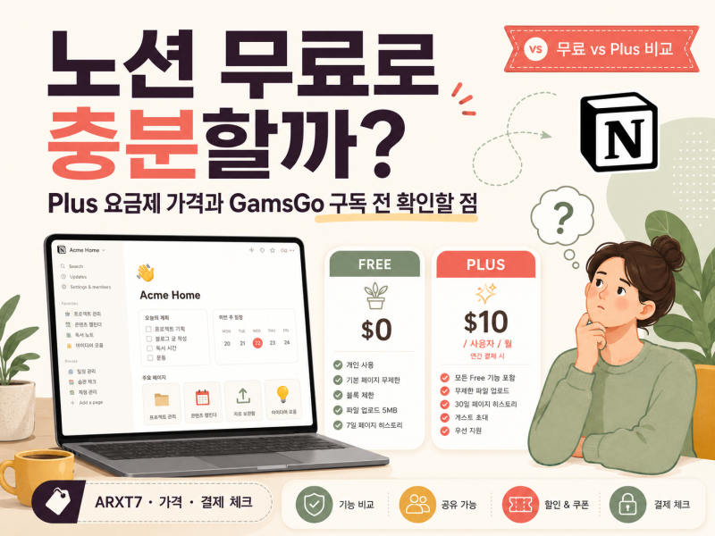 노션 무료로 충분할까? Plus 요금제 가격과 GamsGo 구독 전 확인할 점