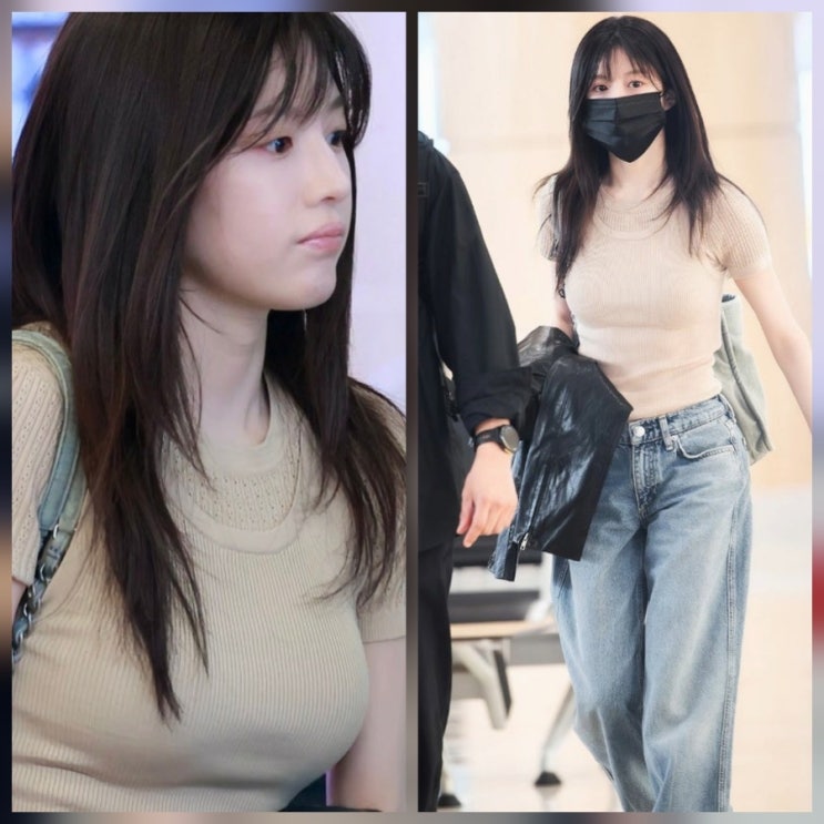  고윤정 공항 꾸안꾸의 정석을 보여준 베이지 니트 데님 조합
