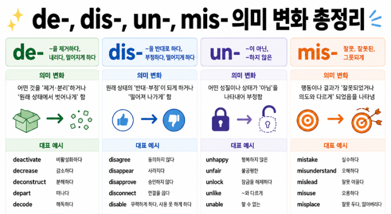 de-, dis-, un-, mis-가 붙어서 바뀌는 의미 변화 종합 정리