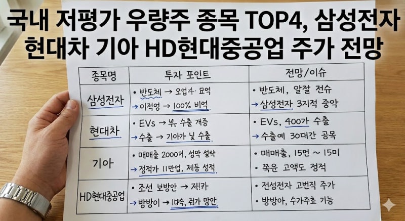 국내 저평가 우량주 종목 TOP4, 삼성전자 현대차 기아 HD현대중공업 주가 전망