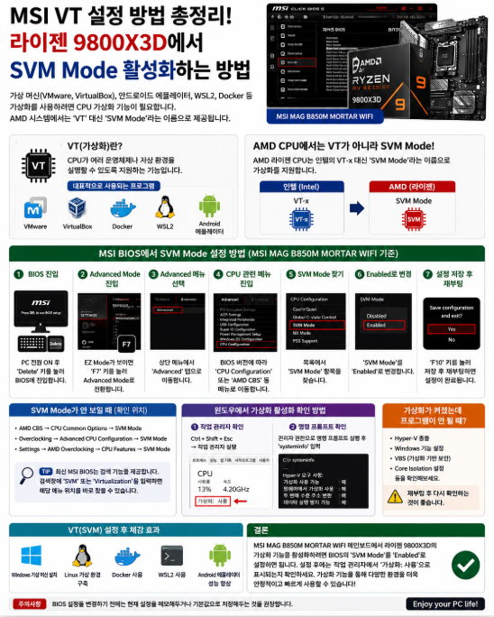 MSI VT 설정 방법 및 바이오스 고급 모드 에뮬레이터 구동 조치 수칙