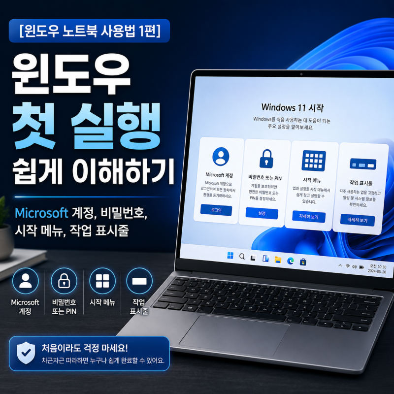 [윈도우 노트북 사용법 1편] 윈도우 첫 실행 쉽게 이해하기 - Microsoft 계정, PIN, 시작 메뉴, 작....