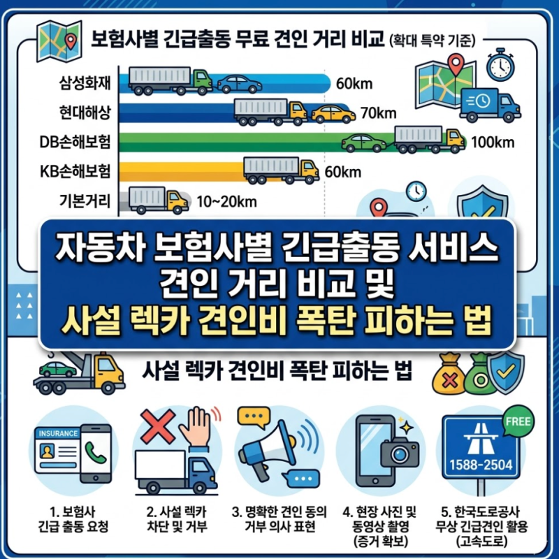 자동차 보험사별 긴급출동 서비스 견인 거리 비교 및 사설 렉카 견인비 폭탄 피하는 법