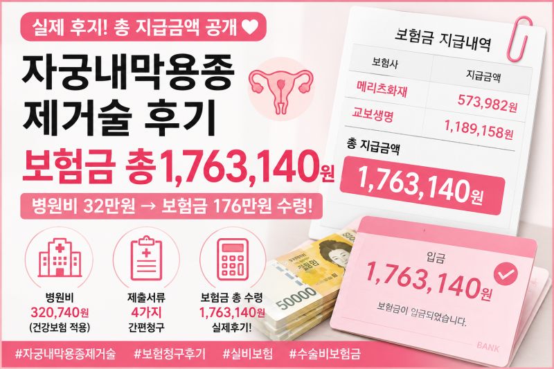 자궁내막용종 제거술 보험청구 후기｜병원비 32만원, 보험금 176만원 받은 실제 후기