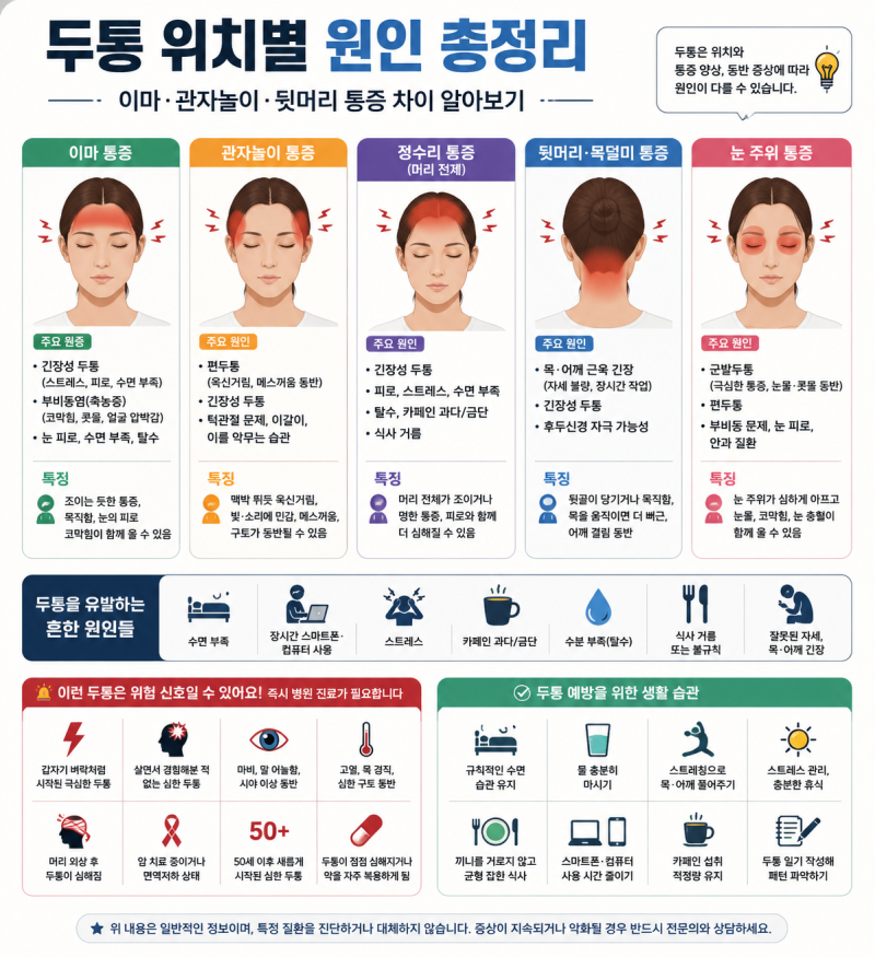 두통 위치별 원인 총정리, 이마·관자놀이·뒷머리 통증 차이