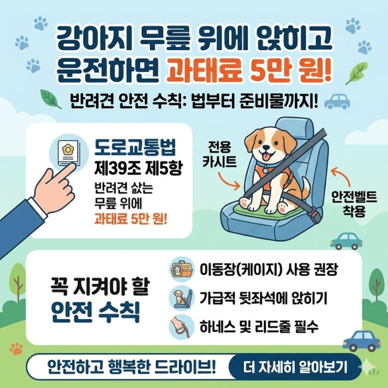 강아지 무릎 위에 앉히고 운전하면 과태료 5만 원 차량 반려견 안전 수칙, 법부터 준비물까....