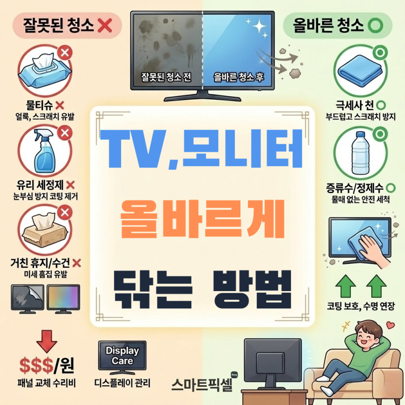 모니터, TV 액정 코팅 안 벗겨지게 청소하는 방법 : 물티슈 X
