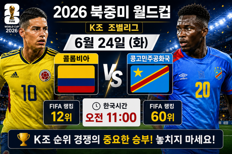 K조 <b>콜롬비아</b> vs 콩고민주공화국 한국시간·<b>피파랭킹</b>... 