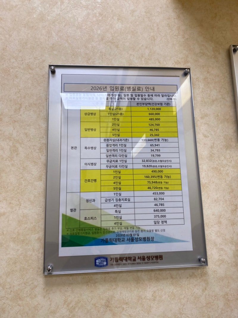 서울성모병원 입원비 정리 (일인실, 이인실, 다인실, 중환자실, 호스피스)
