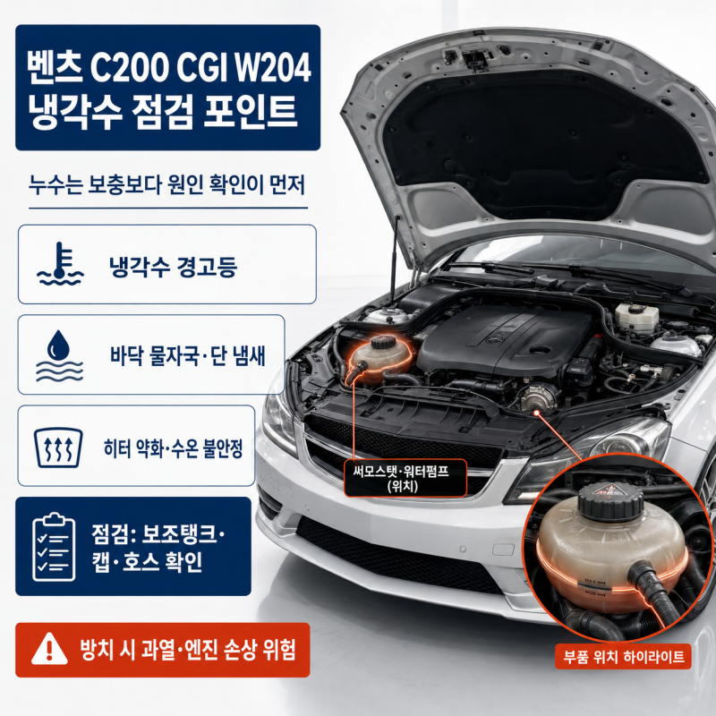 벤츠 C200 CGI W204 냉각수 점검 포인트와 누수 증상, 교체 전 확인할 부분은?