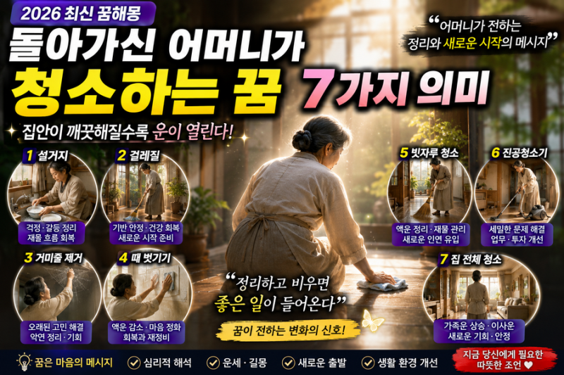 돌아가신 어머니가 청소하는 꿈 7가지 의미-설거지·걸레질·거미줄 제거·때 벗기기·빗자루....