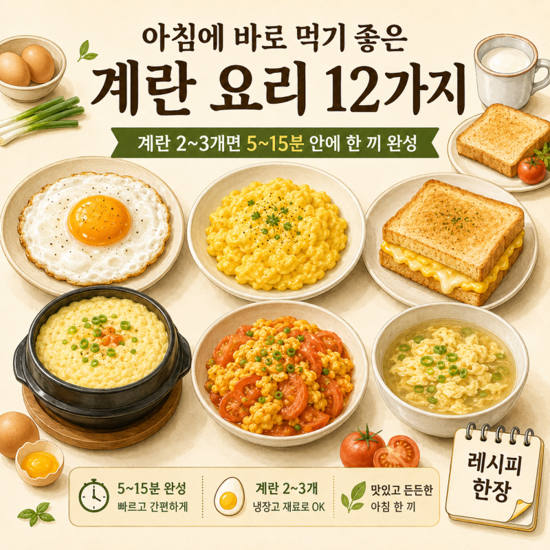 아침 계란 요리 12가지, 계란 2개면 5분 한 끼 (저장용)