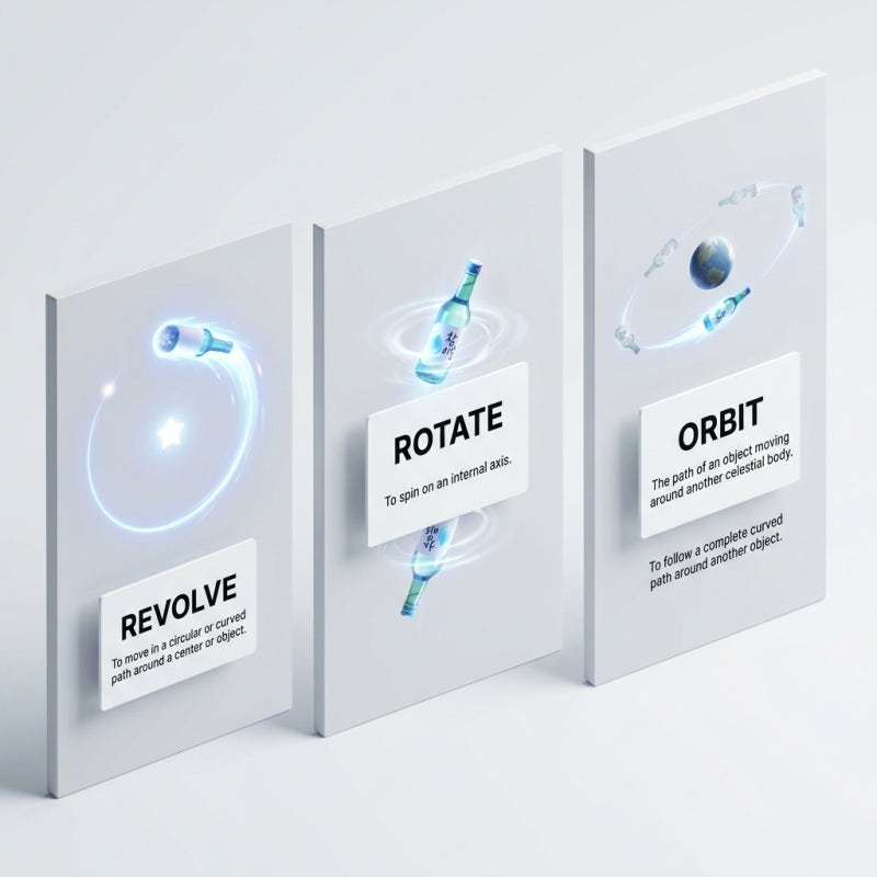 영어로 공전 revolve, 자전 rotate, 궤도 orbit 차이, 뜻