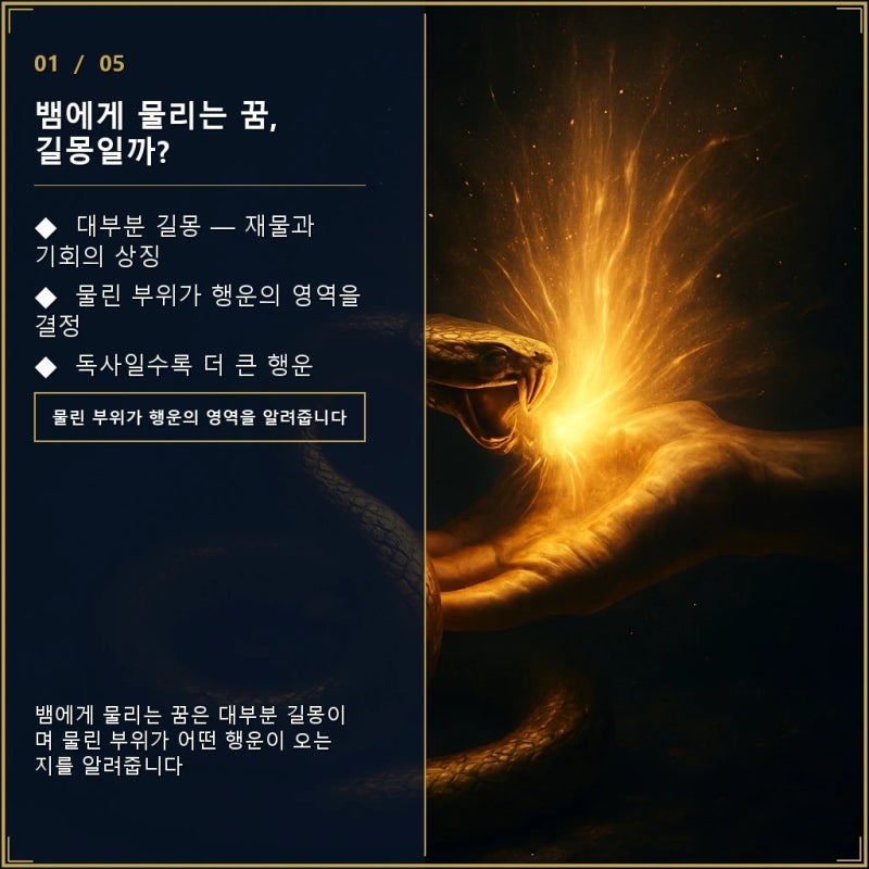 뱀에게 물리는 꿈 해몽 — 손, 발, 팔, 얼굴 부위별 의미와 길몽 여부 완전 해석