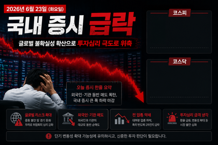 2026년 6월 23일 <b>검은 화요일</b> 국내 증시 <b>급락</b> 원인과 대응전략!!