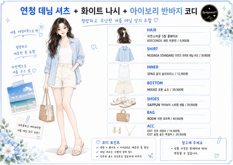 2026 여름 데님 상의 코디 총정리｜데님 셔츠·데님 자켓·데님 뷔스티에 이렇게 입어보세요