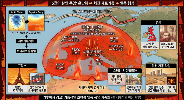 40도씨 폭염 서유럽 온난화로 처진 제트기류, <b>열돔</b> 만든대요.