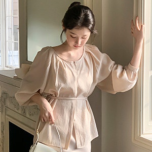 bs8592 벌룬 소매 셔링 벨트 블라우스 솔직 후기
