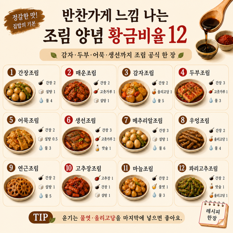조림 양념 황금비율 12가지, 감자 두부 우엉 생선까지 한 번에 (저장용)
