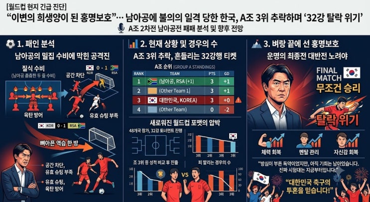 된 <b>홍명보호</b>”… 남아공에... 3위 추락하며 ‘32강 <b>탈락 위기</b>’