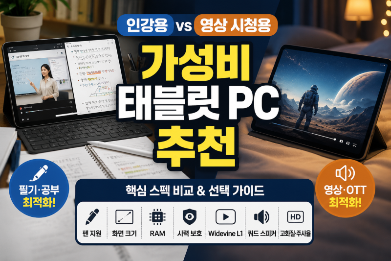 가성비 태블릿 PC 추천, 인강용 vs 영상 시청용 핵심 스펙 비교 똑똑한 선택법