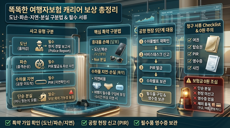 여행자보험 들었는데 캐리어 분실은 보상 0원? 도난·파손·지연 특약 구분법과 보험금 청구....