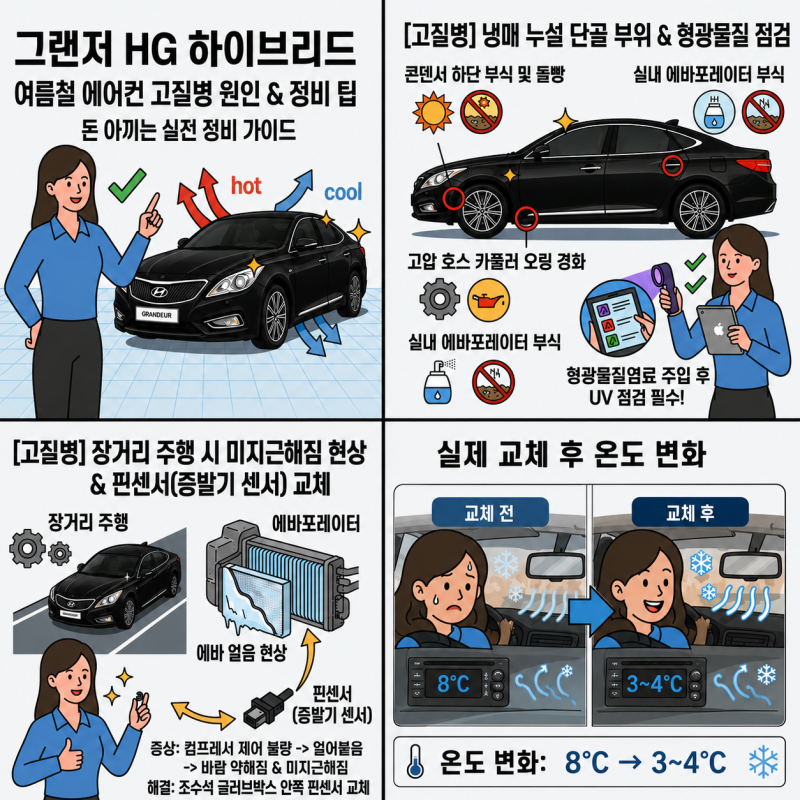 그랜저 HG 에어컨 찬바람 약해짐 원인, 냉매 가스 누설 부위와 장거리 미지근한 바람 고질병 ....