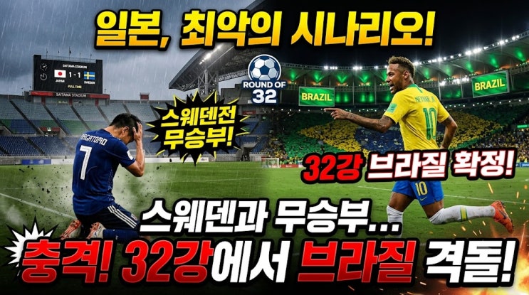 <b>일본 스웨덴 무승부</b> 이후 충격 상황… 32강에서 브라질 만난다?