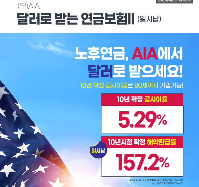 AIA생명 달러연금보험 일시납 162% 환급률 확정보증 됩니다(업계 1위 조건)