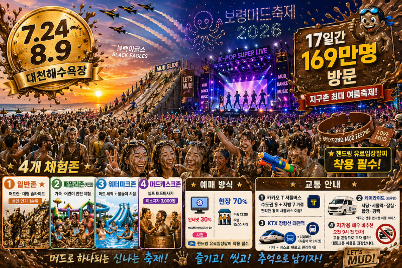 2026保寧マッドフェスティバル完全まとめ（7月24日～8月9日 17日間 大川海水浴場・4つの体験ゾーン・K-POP・ブラックイーグルス・チケット予約）