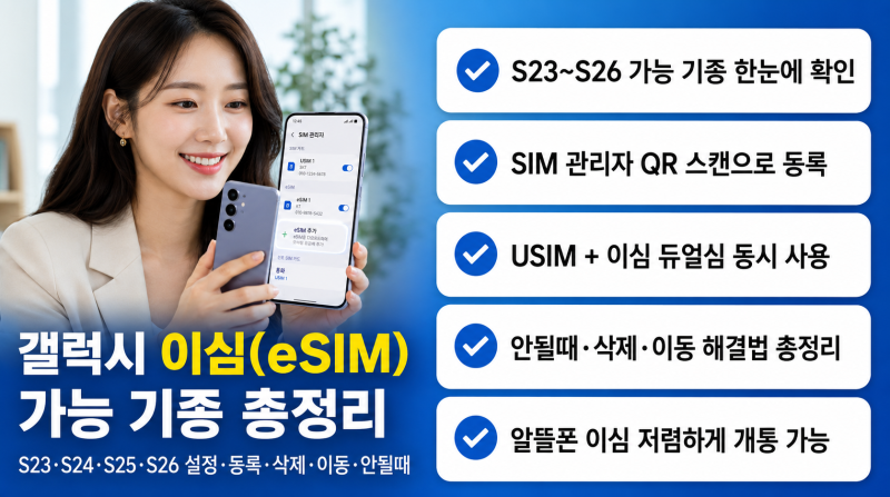 갤럭시 이심(eSIM) 가능 기종 총정리 | S23·S24·S25·S26 설정·등록·삭제·이동·안될때 해결까지