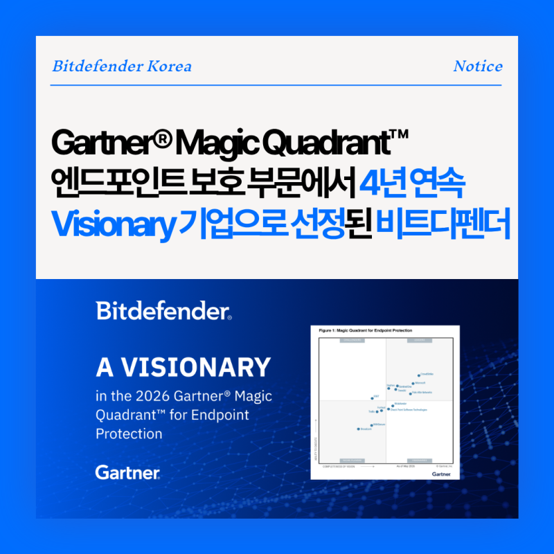 비트디펜더, Gartner® Magic Quadrant™ 엔드포인트 보호 부문에서 4년 연속 Visionary 기업으로 선정