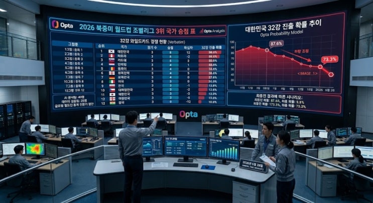 경우의 수: 옵타(Opta)의 한국 <b>월드컵 32강</b> 진출 확률 변동