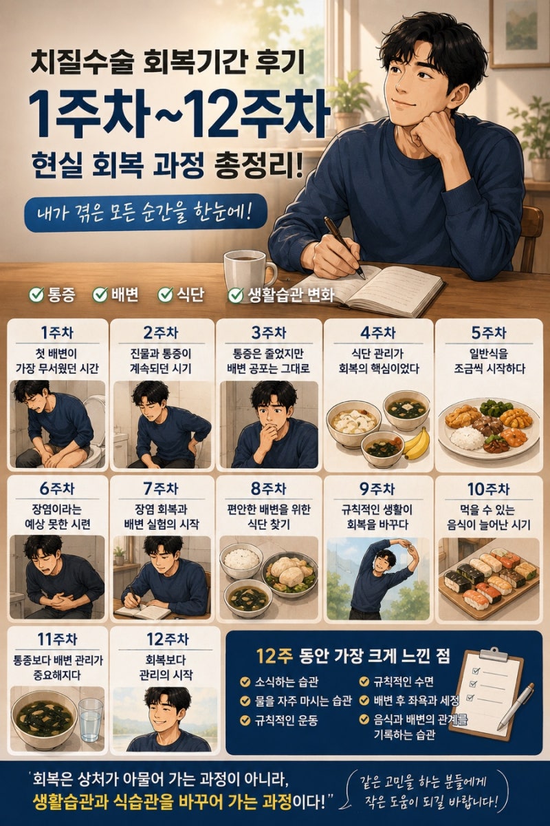 치질수술 회복기간 후기 총정리(1주차부터 12주차까지, 현실 회복 과정 한눈에 보기)