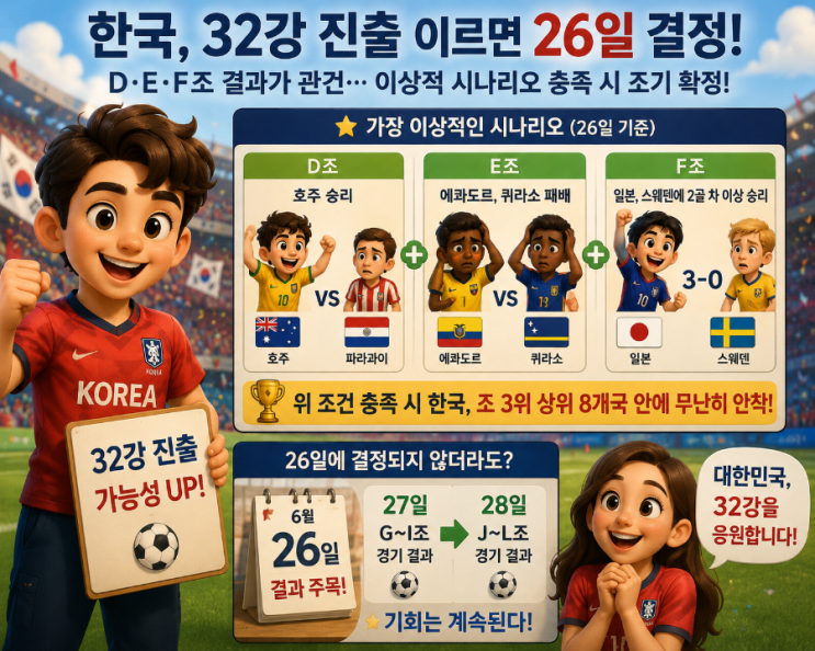 오늘 오후에 <b>한국</b> 축구대표팀 <b>32강</b> 진출 결정!  94% <b>확률</b>의 기적