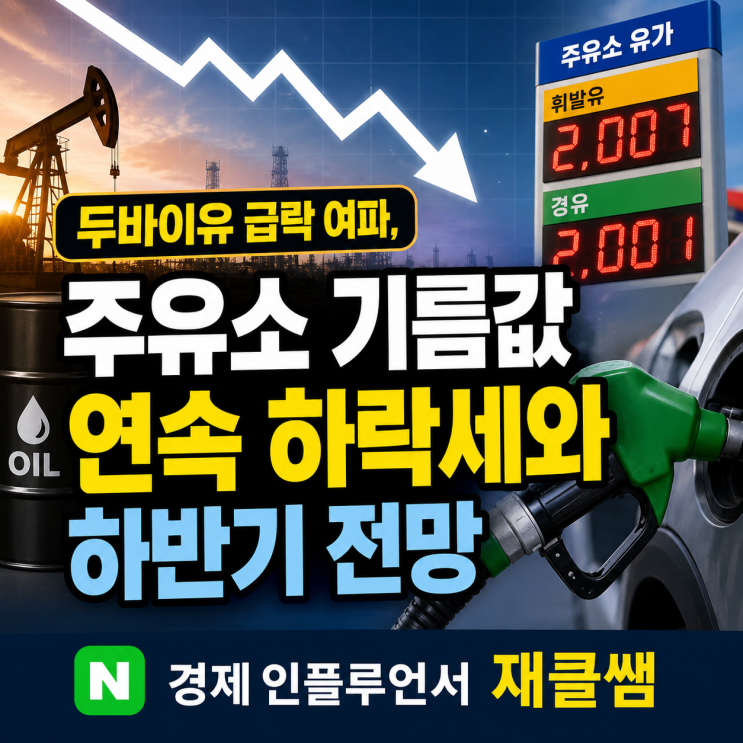 두바이유 급락 여파, <b>주유소 기름값</b> 연속 <b>하락</b>세와 하반기 전망