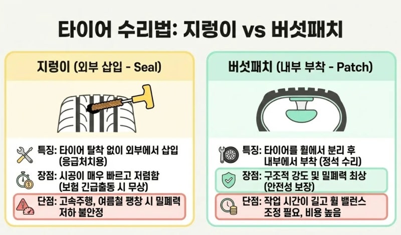 주행 중 타이어 펑크, 긴급출동 '지렁이(수리)' 무료 서비스 및 교체 불가(파스) 시 견인 대처....