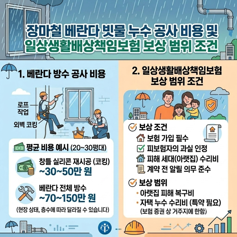 장마철 베란다 빗물 누수 공사 비용 및 일상생활배상책임보험 보상 범위 조건