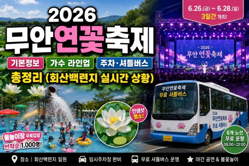 2026 무안연꽃축제 기본정보 가수 라인업 주차 셔틀버스 총정리 (회산백련지 실시간 상황)