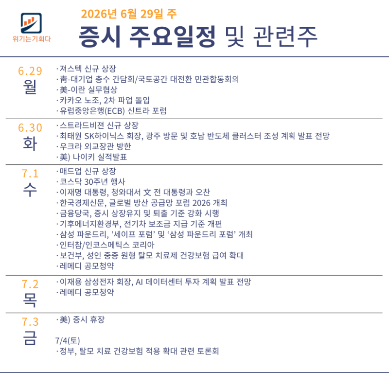증시 주요일정 및 관련주 (6월 29일주)