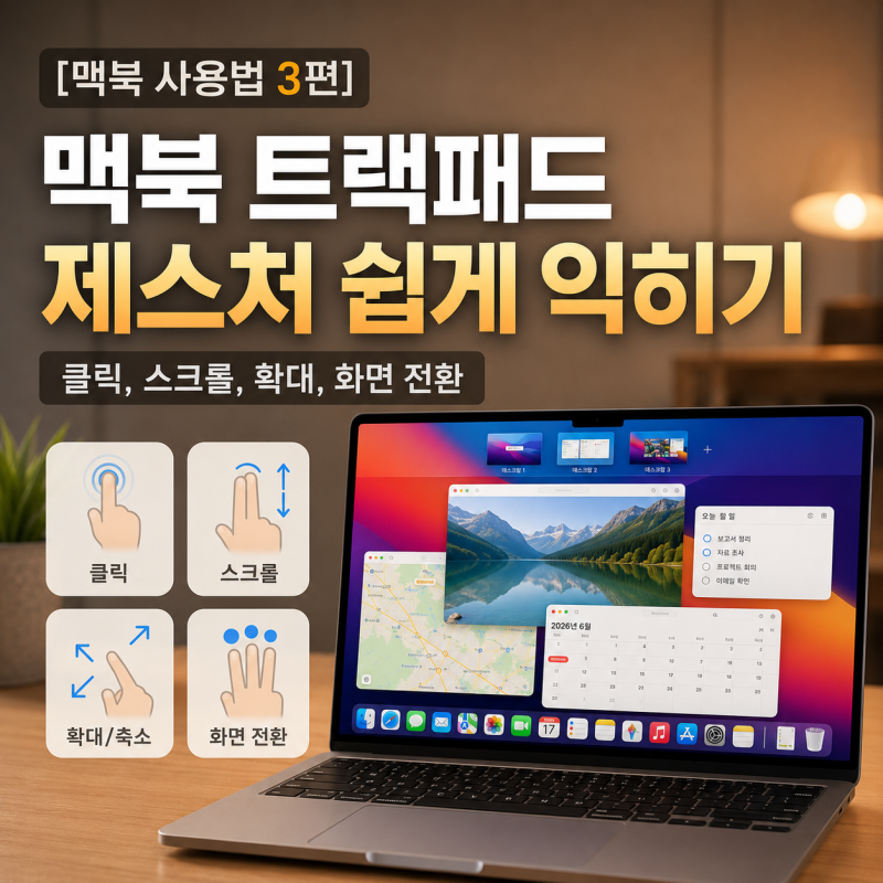 [맥북 사용법 3편] 맥북 트랙패드 제스처 쉽게 익히기 - 클릭, 스크롤, 확대, 화면 전환