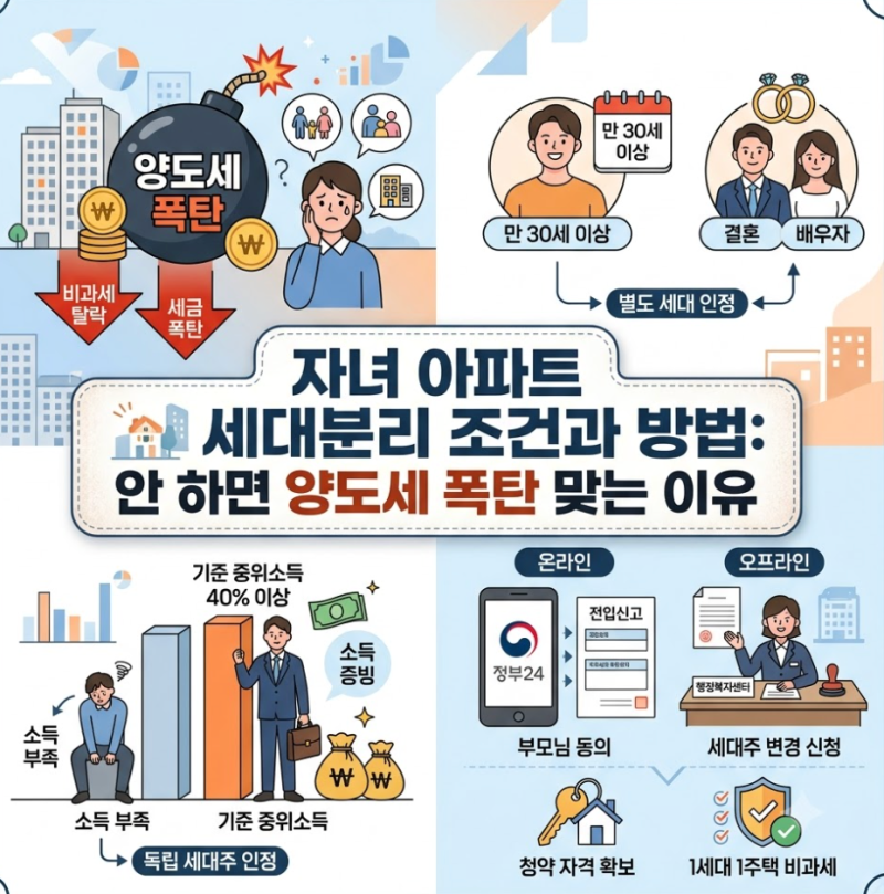 자녀 아파트 세대분리 조건과 방법: 안 하면 양도세 폭탄 맞는 이유 절세
