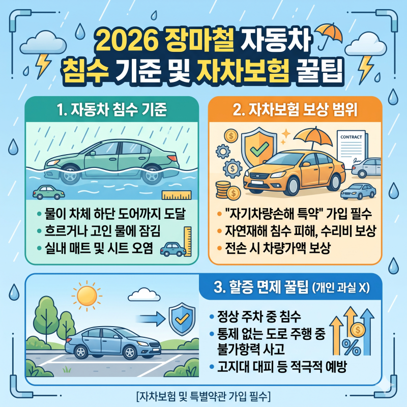 2026 장마철 자동차 침수 기준, 자차보험 자기차량손해 특약 보상 범위 및 할증 면제 꿀팁