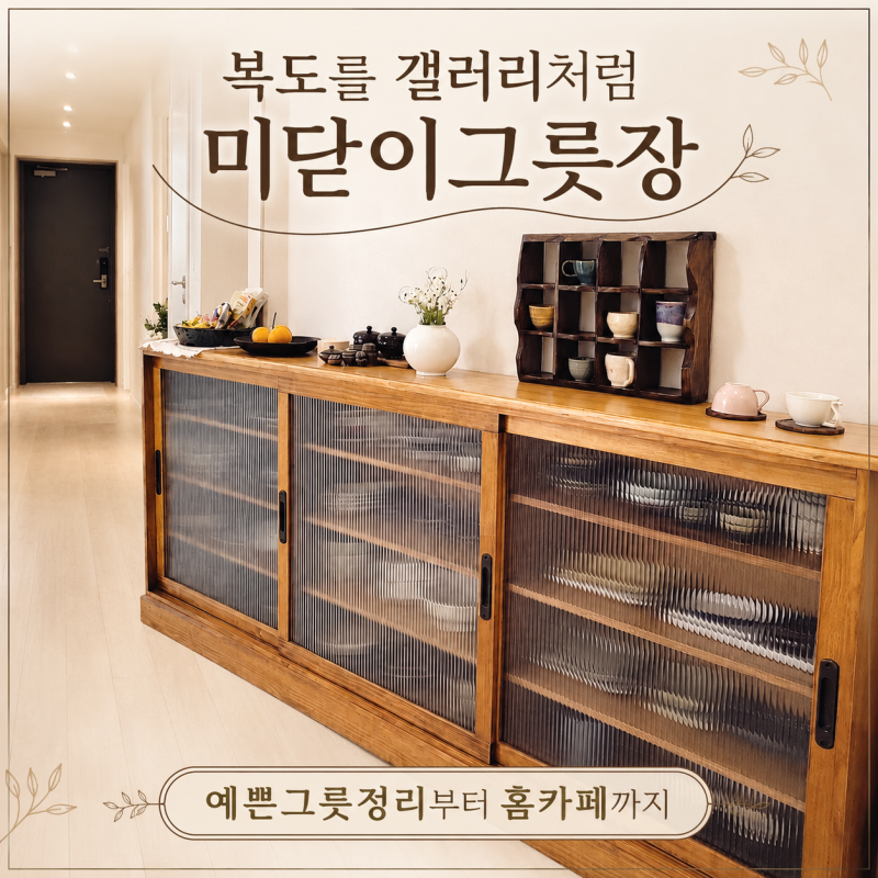 그릇정리와 홈카페장을 하나로, 감성 원목 미닫이그릇장
